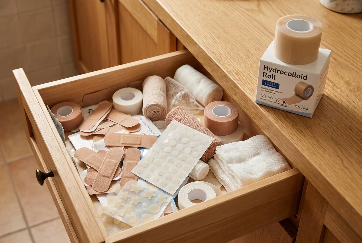 A drawer of mismatched bandage boxes beside one hydrocolloid roll.