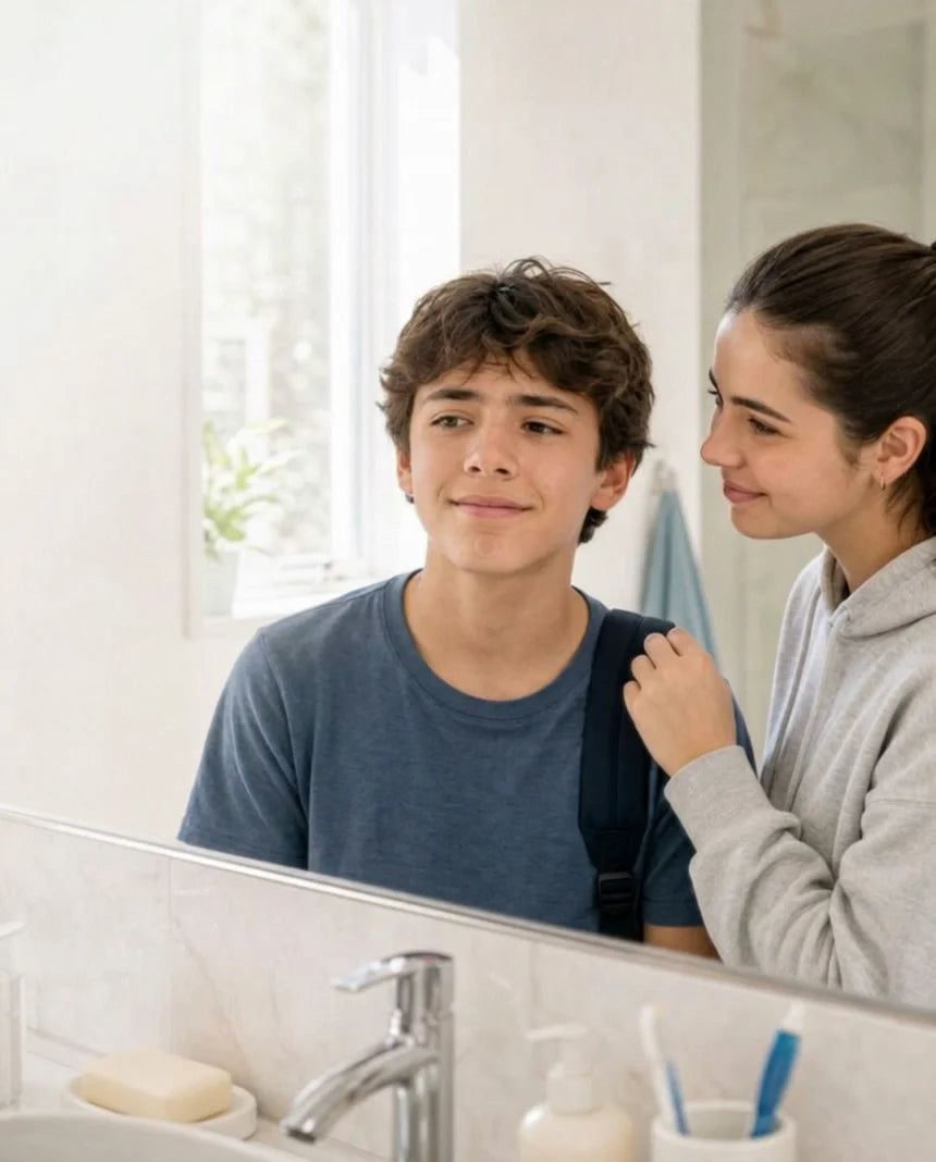 A sheer hydrocolloid dot on the chin at the bathroom mirror, nearly invisible.