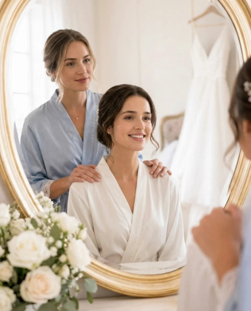 A nearly invisible sheer dot on the bride's cheek in the bridal suite.