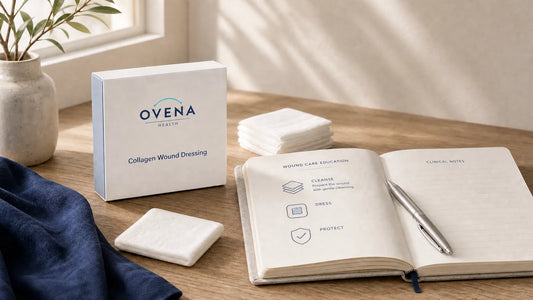 Collagen dressing box and pad beside an open wound care education notebook