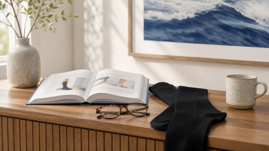 Compression socks beside an open guide book and reading glasses
