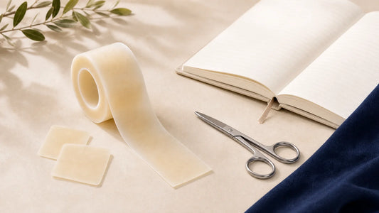 Hydrocolloid roll with cut pieces, scissors, and an open notebook