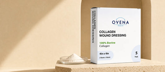 Collagen dressing box beside a small dish of collagen powder