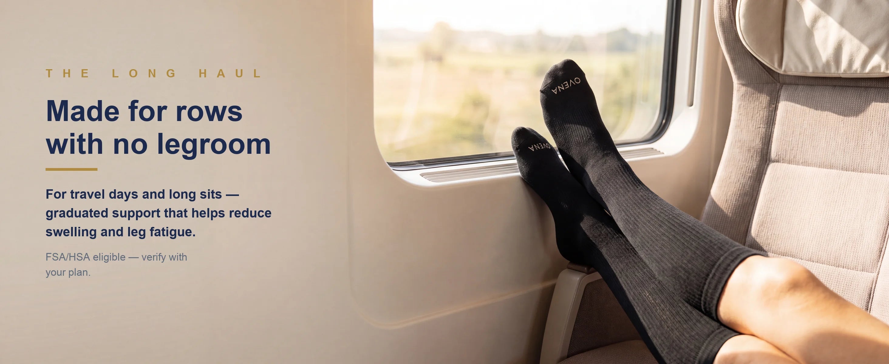 Made for rows with no legroom — OVENA compression socks on a train