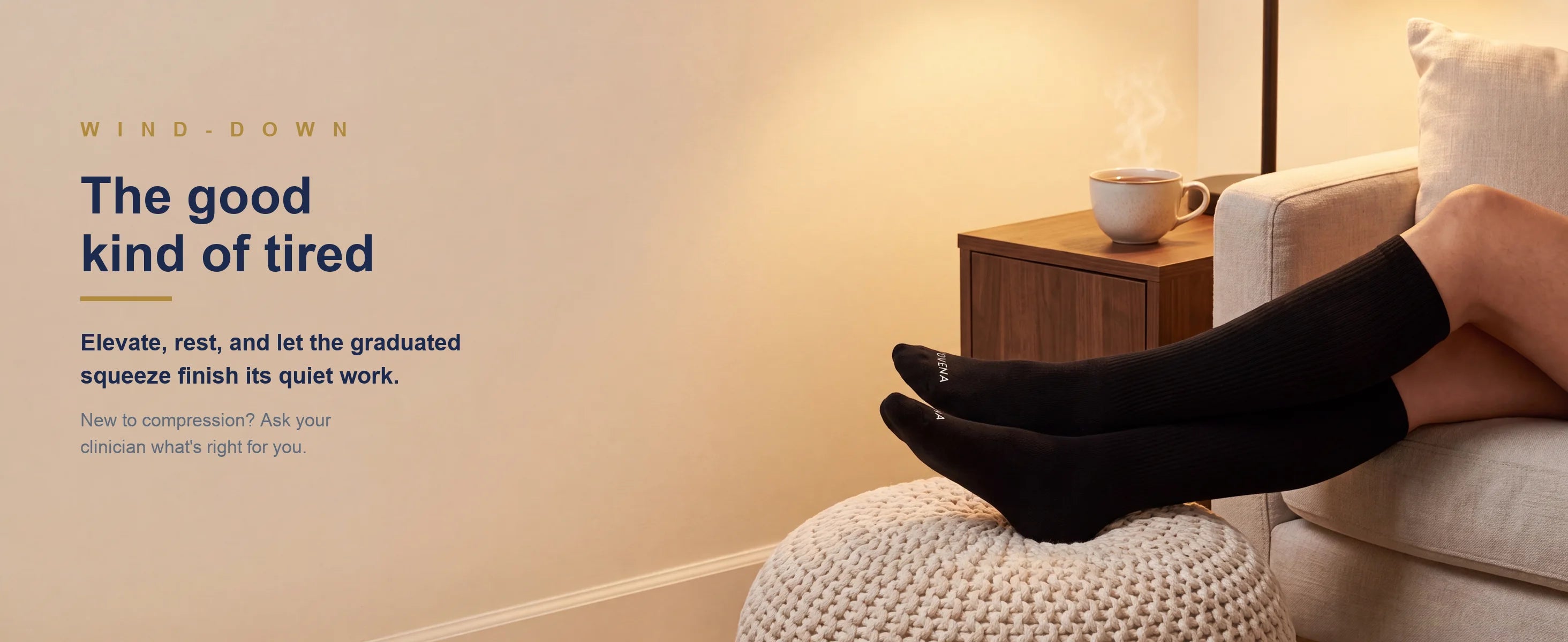 The good kind of tired — feet up in OVENA compression socks in the evening