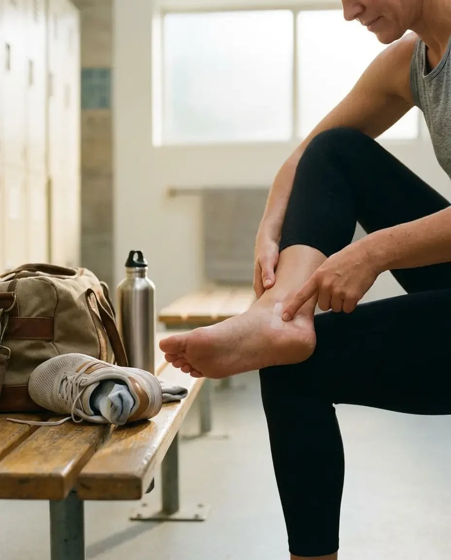 A fingertip smooths a cut hydrocolloid piece over a heel friction spot on a gym bench.