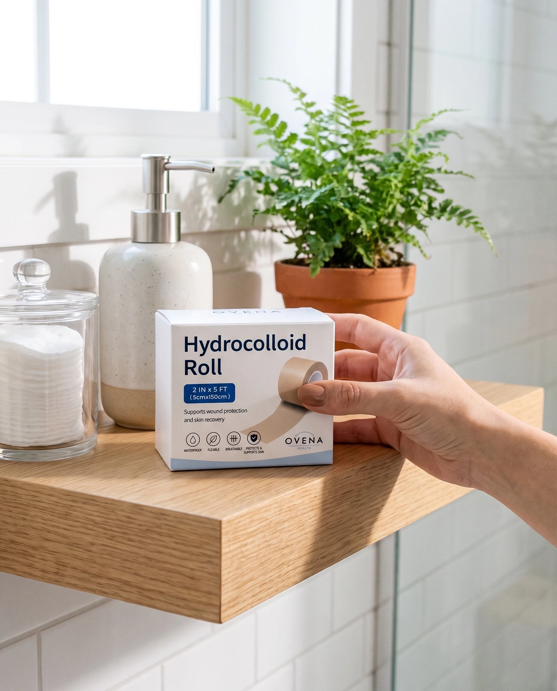 The Hydrocolloid Roll on a bathroom shelf among skincare.