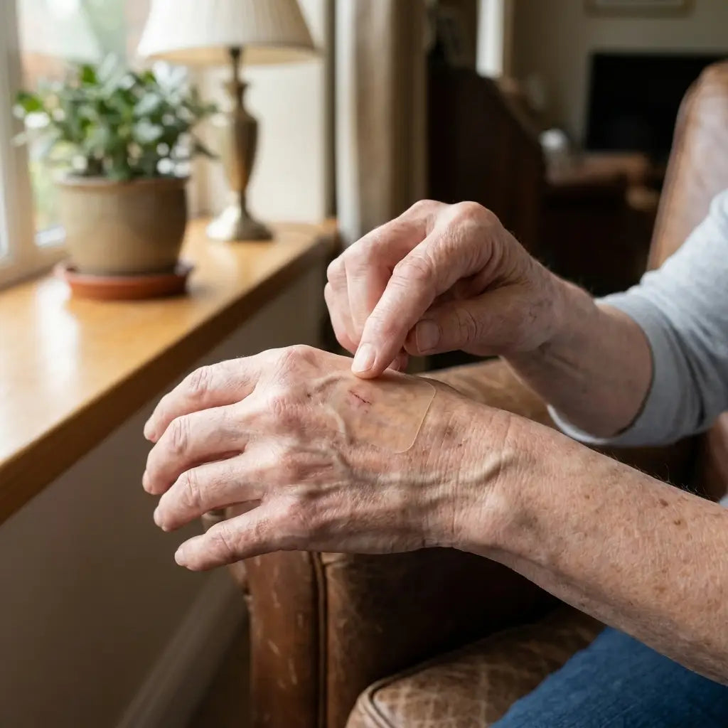 An older adult applying a hydrocolloid patch to the back of a hand by a window.