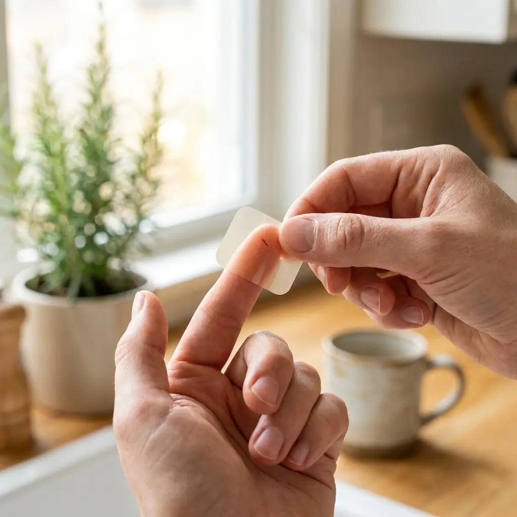 A hand smoothing a hydrocolloid patch over a nicked fingertip in a kitchen.