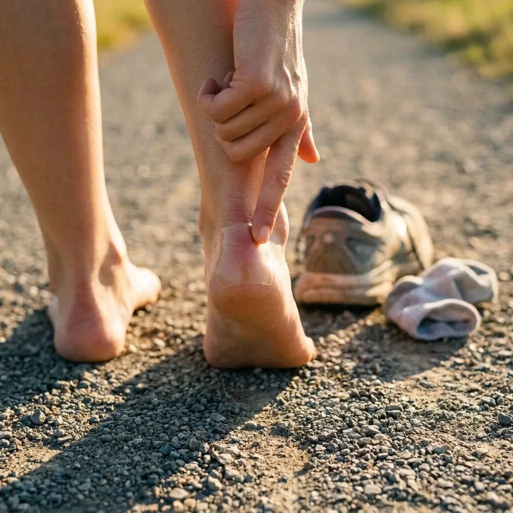 A runner mid-stride on a gravel trail with a patch sealed on.