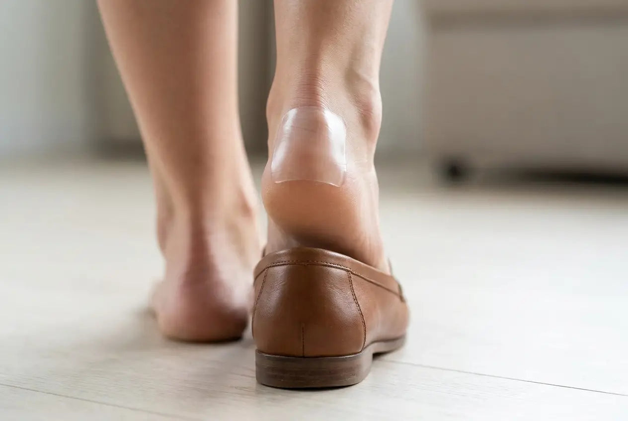 A translucent hydrocolloid piece sealed on the back of a bare heel as the foot steps into a loafer, right where the rim of the shoe rubs