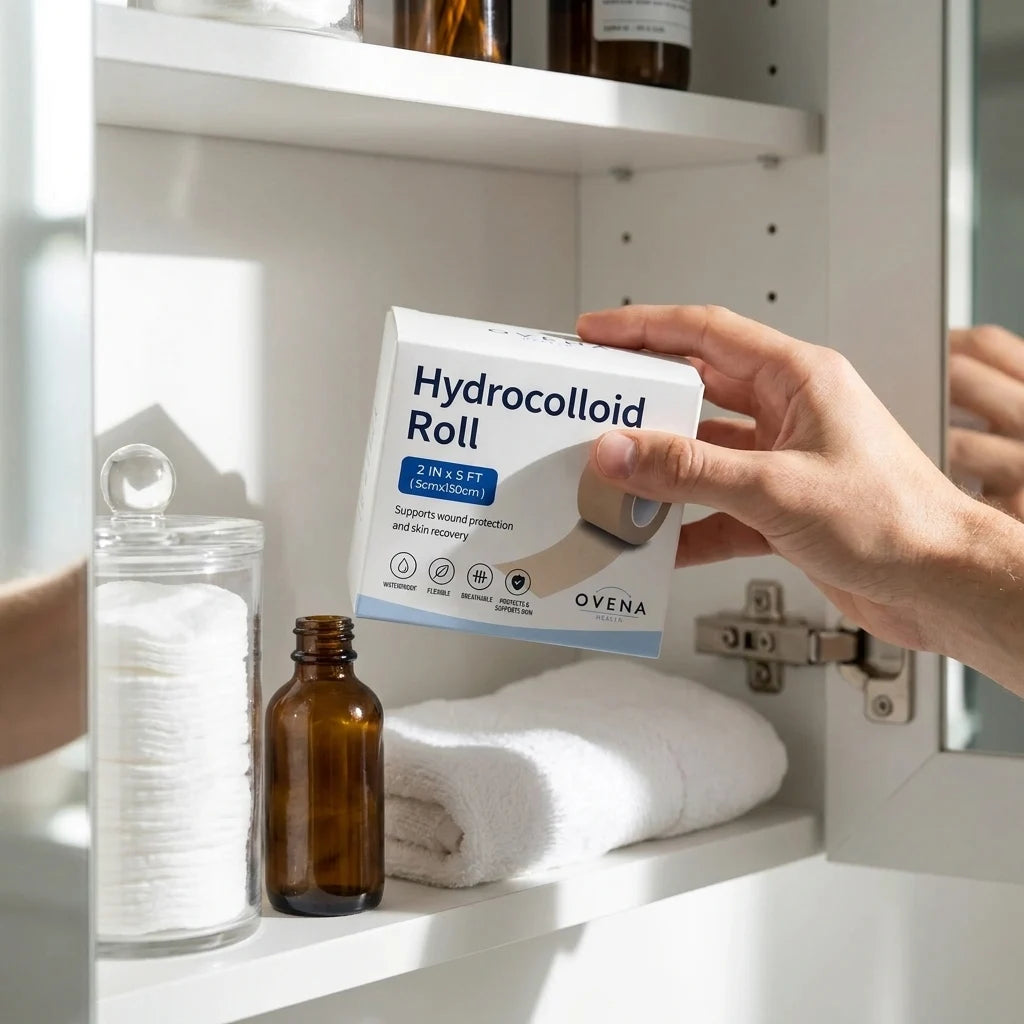 The Hydrocolloid Roll box in a medicine cabinet.