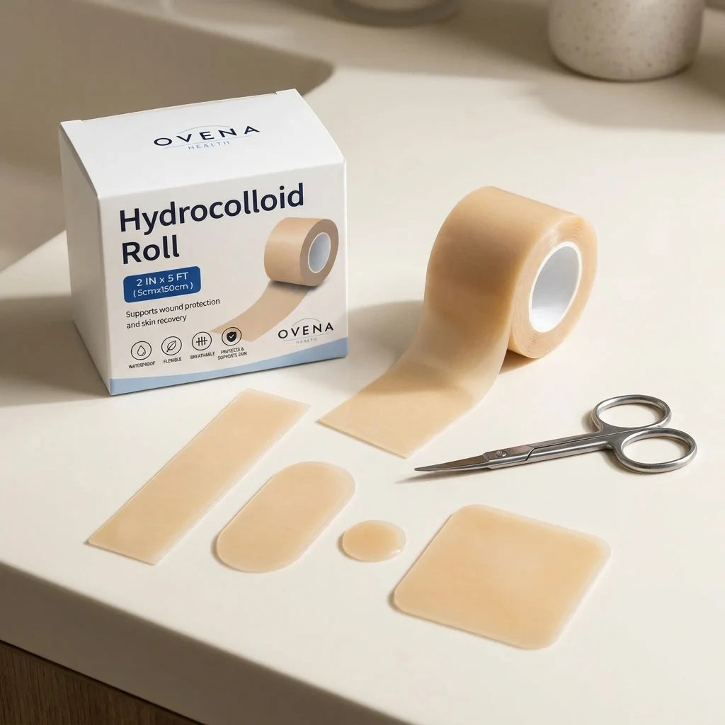 Several cut shapes from one hydrocolloid roll laid out.