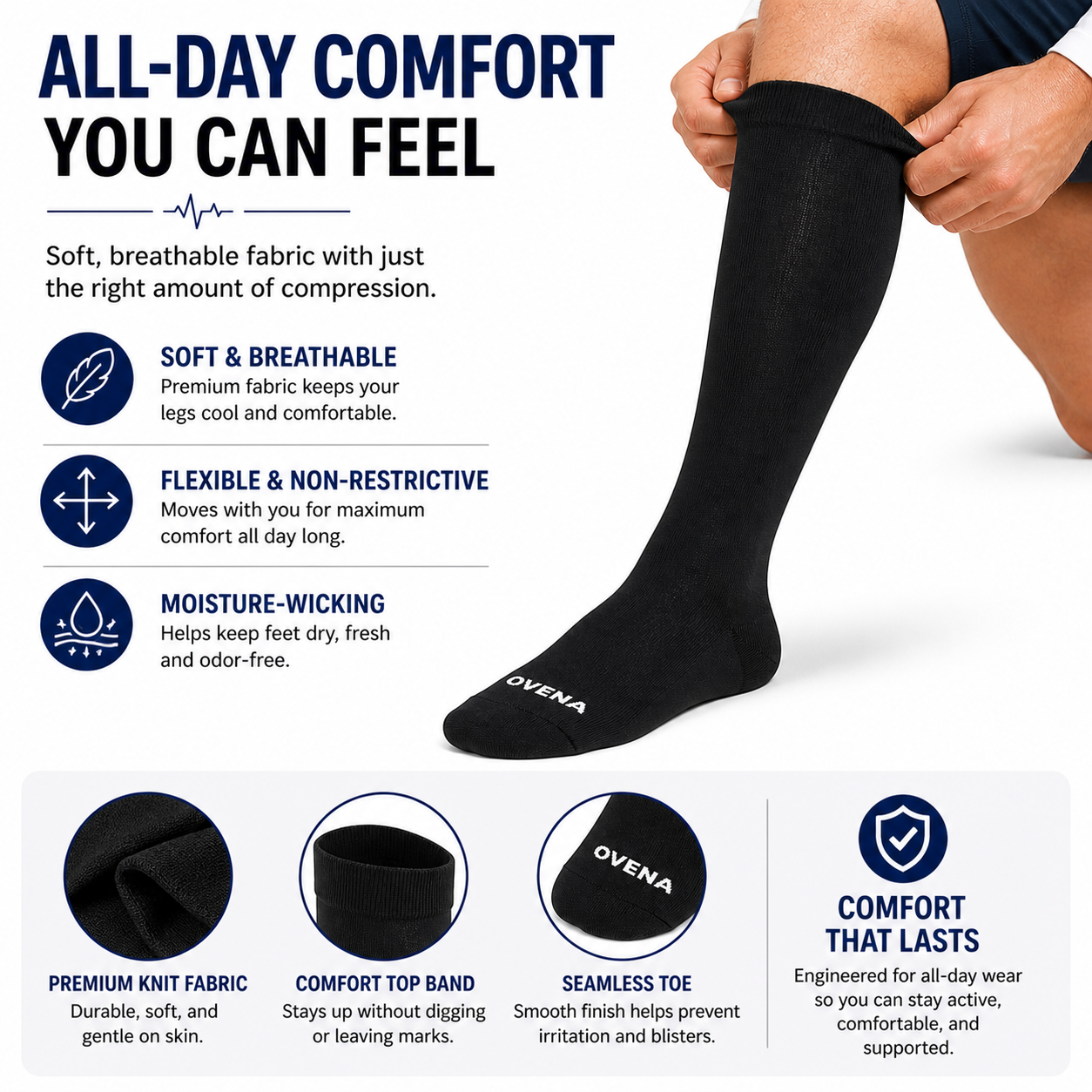 Close-up features of the black compression sock: knit fabric, comfort top band, seamless toe.