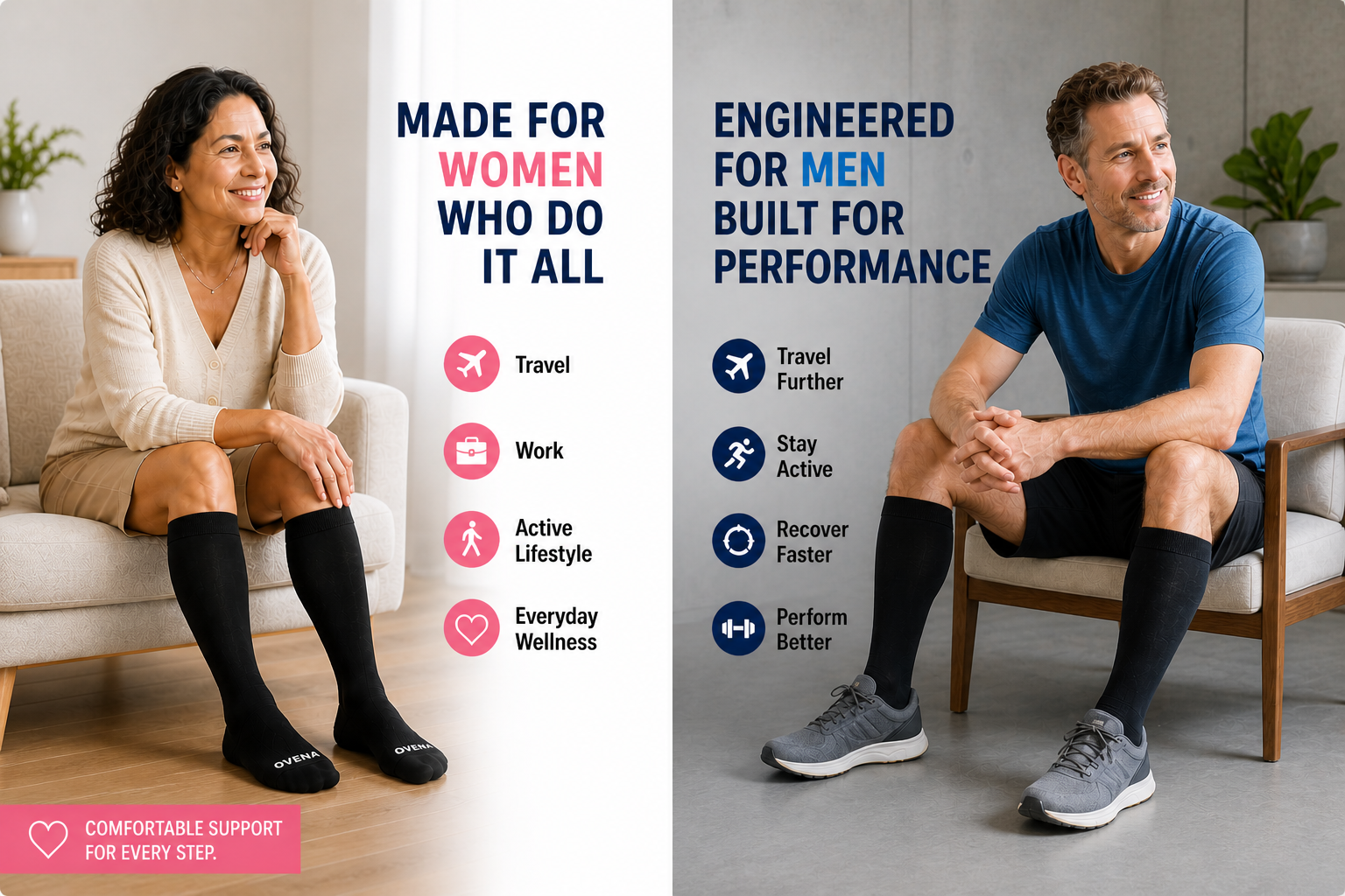 A woman and a man in everyday clothes wearing black knee-high compression socks.