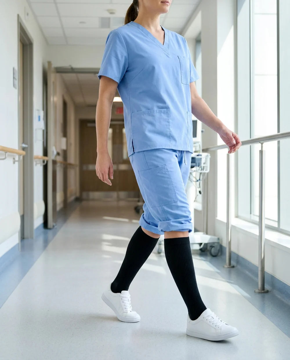 A nurse walking a bright hospital corridor in scrubs, black Ovena knee-high compression socks into white sneakers